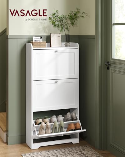 VASAGLE Shoe Cabinet with 3 Flip Drawers, Shoe Organizer, Adjustable and Removable Dividers, Holds 12-20 Pairs, Entryway, 9.4 x 23.6 x 47.7 Inches, Cloud White ULBC036WB02S - color: Cloud White, size: 9.5"d X 23.6"w X 47.7"h-shoe Cabinet