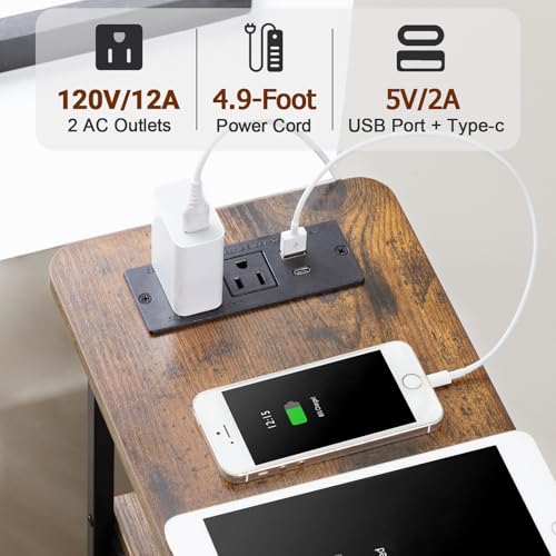 LOAKEKEL Narrow Nightstand with Charging Station, End Tables Living Room Set of 2, Skinny Side Table with Fabric Drawers, Slim Sofa Table for Bedroom, Small Spaces, Couch, Brown, HETNDP02BR - color: Rustic Brown + Black, style: Power