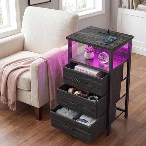 Fixwal Night Stand with Charging Station, LED Nightstand with Fabric Drawers, End Table with PU Finish, Bed Side Table, Black Oak - color: Black Oak, size: 27.6"H (3 drawers), style: Power+Light (1pc)