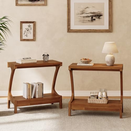 Solid Wood End Table with 2-Tier Storage Shelf, Narrow Side Table for Living Room, Bedroom, Small Spaces, Cherry Wood Paint Finish, Easy Assembly - color: Charred