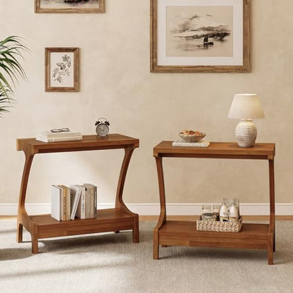 Solid Wood End Table with 2-Tier Storage Shelf, Narrow Side Table for Living Room, Bedroom, Small Spaces, Cherry Wood Paint Finish, Easy Assembly - color: Charred