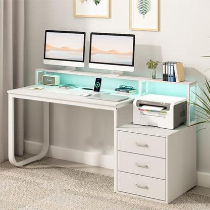 HOMBCK White Computer Desk with 3 Drawers and LED Lights, 67" Home Office Desk with Long Monitor Stand and Printer Shelfe, Writing Desk with Storage, Reversible Design，White - color: White