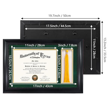 GMFrames 8.5x11 Diploma Frame with Tassel Holder, Solid Wood & Tempered Glass, Green over Gold Mat, Black Finish with Intricate Black Rope Detail - color: Black / Green Gold Mat, size: 11x17 for 8.5x11 with Tassel
