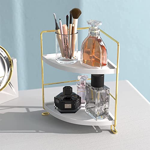 2-Tier Makeup Perfume Counter Organizer, Bathroom Corner Countertop Shelf Vanity Bedroom Storage Tray,Kitchen Spice Rack Standing Shelf(Gold,White) - size: Corner