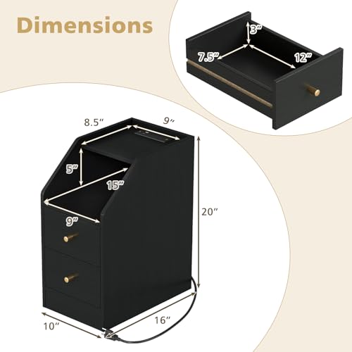 KOMFOTT Set of 2 Side Tables with Charging Station, End Tables with Storage Drawers, Sofa Couch Tables for Small Space, Modern Narrow Nightstands for Bedroom (Black,2) - color: Black