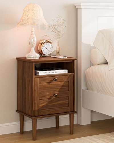 Nightstand, Boho Night Stand with 1 Drawer, Modern Side Accent Table with Open Shelf, Wooden Top Bedside End Table for Bedroom, Living Room, Walnut - color: Walnut