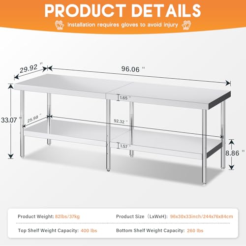 Jocisland 30" x 96" Stainless Steel Table for Prep & Work, Food-Grade Stainless Steel Adjustable Under Shelf and Feet, for Commercial Kitchen, Restaurant, Hotel and Garage - size: 30x96 in, style: Table