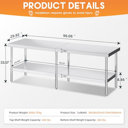 Jocisland 30" x 96" Stainless Steel Table for Prep & Work, Food-Grade Stainless Steel Adjustable Under Shelf and Feet, for Commercial Kitchen, Restaurant, Hotel and Garage - size: 30x96 in, style: Table
