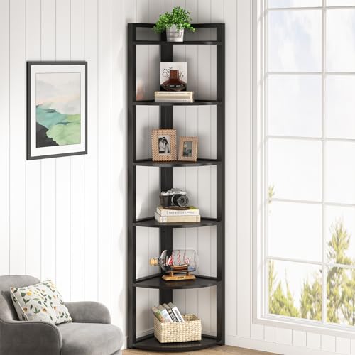 Tribesigns 6 Tier Corner Shelf, 70.9 Inch Tall Corner Bookshelf Small Bookcase Modern Corner Shelving Unit Storage Rack for Living Room, Home Office, Kitchen, Small Space (Black) - color: Black, size: 6-Tier