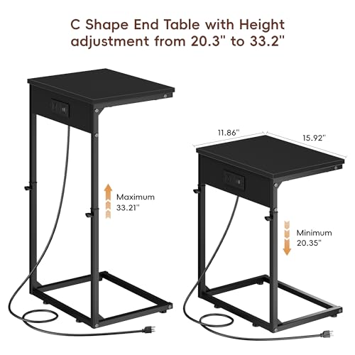Vagusicc C Shaped End Tables Set of 2 with Charging Station, 33.2'' Tall C Table Adjustable Height Side Table, Small Side Table for Small Spaces, Couch Sofa Table TV Tray for Living Room, Black - color: Black (2 Pack), style: With Plug