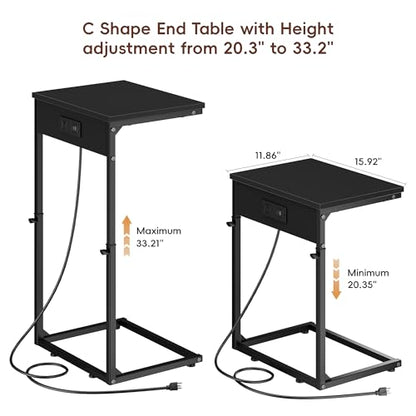 Vagusicc C Shaped End Tables Set of 2 with Charging Station, 33.2'' Tall C Table Adjustable Height Side Table, Small Side Table for Small Spaces, Couch Sofa Table TV Tray for Living Room, Black - color: Black (2 Pack), style: With Plug