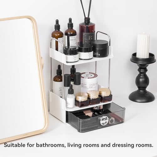 Small Vanity Organizer for Dresser & Countertop - Dorm & Home Office Makeup Storage (7.8"x5.9") with Metal Support, 2-Tier Design with Drawer for Skincare, Perfume, College & Apartment