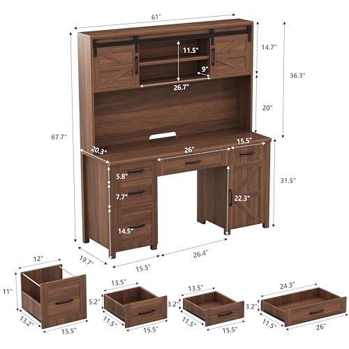61" Farmhouse Executive Desk with Hutch & Charging Station, Wooden Computer Desk with 2 Sliding Barn Doors, 5 Drawers & Storage Cabinet with Adjustable Shelf for Home Office, Bedroom (Walnut-01) - color: Walnut-01