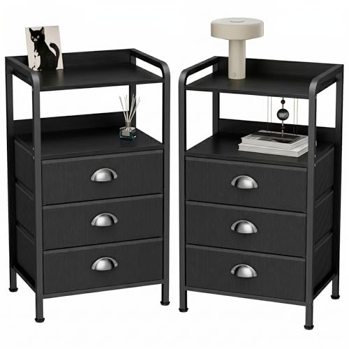 Night Stand Set 2, Nightstand with 3 Fabric Drawers and 2-Tier Shelf, Small Dresser Organizer, Bedside Table with Storage, End Table for Bedroom, Steel Frame, Wood Top, Black - color: Black(3locker), size: Set of 2