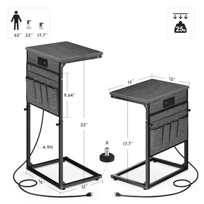 Vagusicc C-Shaped End Table Set of 2 with Charging Station, Small Side Table for Couch, Adjustable Height Couch Side Table, Slide Under Sofa Table TV Tray for Living Room,Bedroom,Bedside, Gray Walnut - color: 2pc Gray Walnut