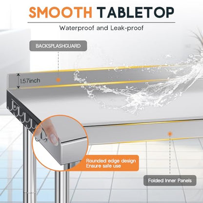 Jocisland 30" x 96" Stainless Steel Table for Prep & Work, Food-Grade Stainless Steel with Backsplash, Adjustable Under Shelf & Safe Design for Restaurant, Home and Outdoor - size: 30x96 in, style: With Hooks& Backsplash