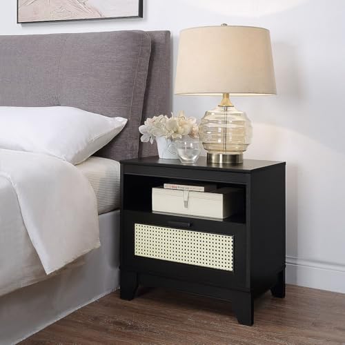 Manhattan Comfort Sheridan Cane Nightstand with Full-Extension Drawer and Open Shelf Cubby, Mid-Century Modern Bedside End Table, Boho Night Stand Accent Table for Bedroom or Living Room in Black - size: Set of 1