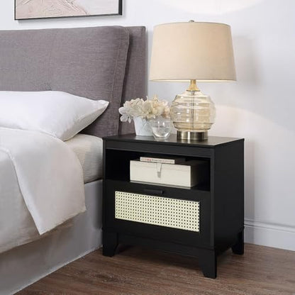 Manhattan Comfort Sheridan Cane Nightstand with Full-Extension Drawer and Open Shelf Cubby, Mid-Century Modern Bedside End Table, Boho Night Stand Accent Table for Bedroom or Living Room in Black - size: Set of 1