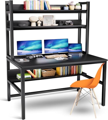 Aquzee Computer Desk with Hutch and Bookshelves, Large Leg Room 55 inch Width Black Desk with Space Saving Storage Shelves, Easy Assemble and All Hardware and Tools Included - color: Black, size: 55inch