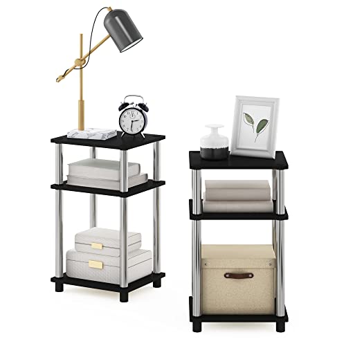 Furinno JUST Side Table Set of 2, 3-Tier Modern End Tables, Open Shelves Night Stand, Nightstand Set, Toolless Assembly, for Living Room, Bedroom, Americano/Stainless Steel - color: Americano/Chrome, size: 3-Tier, Round Pole, style: 2-Pack