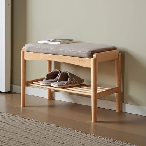 Oak Wood Shoe Bench, 24 Inch Entryway Bench with Gray Cushion | Natural oak finish with soft gray cushion creates a versatile seating solution for entryways and small spaces. - color: Natural + Gray Cushion, size: 23.62"