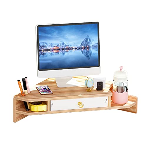 Triangle Monitor Stand Riser,Cut Triangle Save Space Desktop Corner,Desktop corner shelf with drawers wooden computer stand with storage laptop risers office organization. (Have drawers)