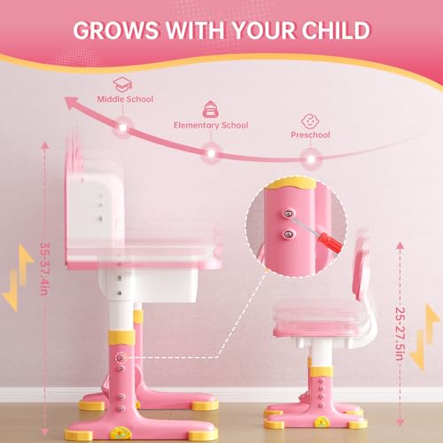 Kids Desk and Chair Set, Height Adjustable Child's School Study Writing Tables, Kids Desk with Bookstand and Storage Drawer, Widened Desktop with Desktop for Boys and Girls - color: Pink-a