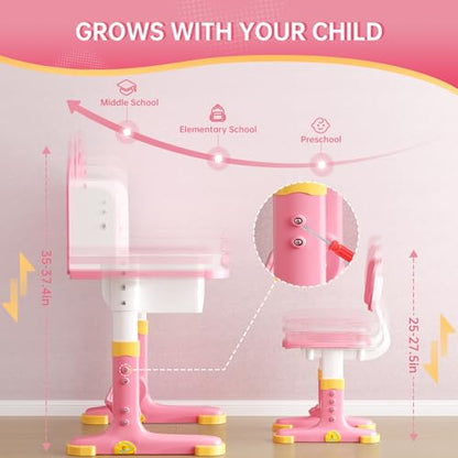 Kids Desk and Chair Set, Height Adjustable Child's School Study Writing Tables, Kids Desk with Bookstand and Storage Drawer, Widened Desktop with Desktop for Boys and Girls - color: Pink-a