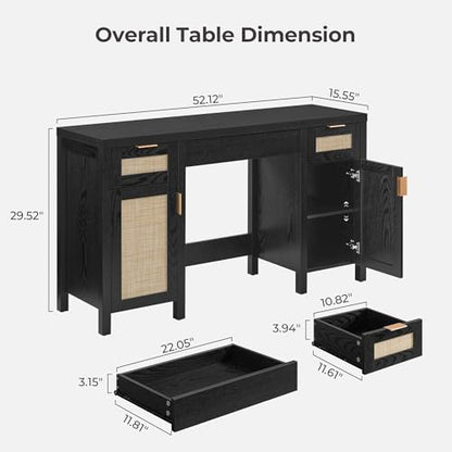 SICOTAS Rattan Vanity Home Office Desk with 3 Drawers, 52 Inch Vanity Table | Farmhouse Boho Makeup Vanity Dressing Table with Large Storage, Vanities Desk for Makeup Room, Bedroom, Office - size: 1 Piece, style: Black Oak