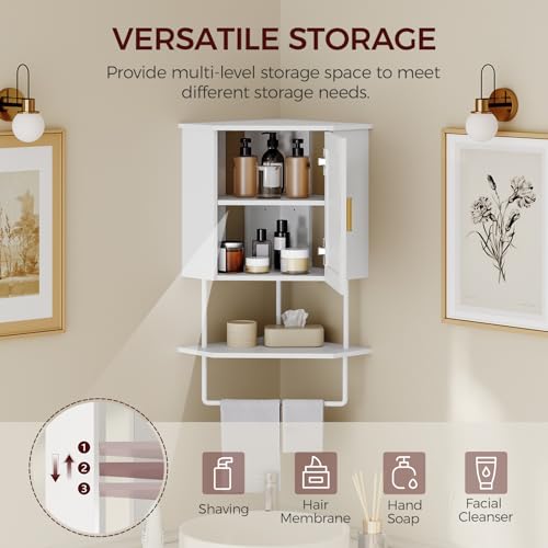 MAHANCRIS Bathroom Wall Cabinet, Corner Wall Mount Medicine Cabinet with Adjustable Shelf & Towel Bar, 3-Tier Over Toilet Storage Cabinets for Bathroom Laundry Room Kitchen, for Small Space, White