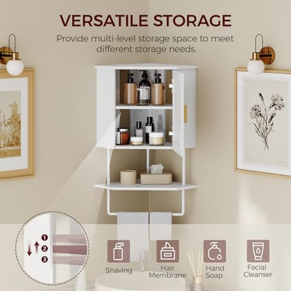MAHANCRIS Bathroom Wall Cabinet, Corner Wall Mount Medicine Cabinet with Adjustable Shelf & Towel Bar, 3-Tier Over Toilet Storage Cabinets for Bathroom Laundry Room Kitchen, for Small Space, White