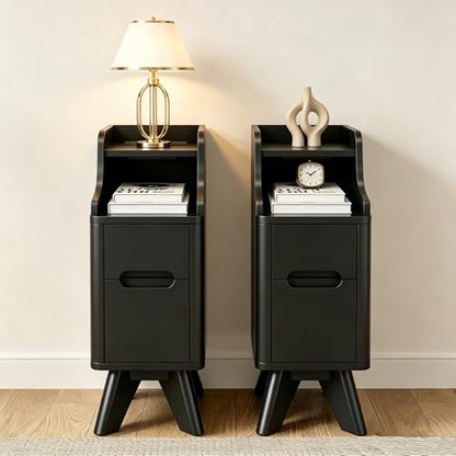 7.87" Narrow Nightstand Set of 2, 2 Drawer Nightstand with Charger Station | Wooden Thin Couch Side End Table, Skinny Bedside Table Small Spaces, Mid Century Modern Night Stand with Drawers, Black-2Pcs - color: Black, size: Narrow (2 drawer)