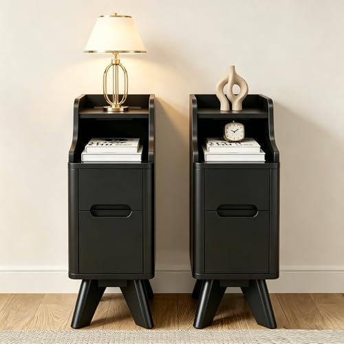 7.87" Narrow Nightstand Set of 2, 2 Drawer Nightstand with Charger Station | Wooden Thin Couch Side End Table, Skinny Bedside Table Small Spaces, Mid Century Modern Night Stand with Drawers, Black-2Pcs - color: Black, size: Narrow (2 drawer)