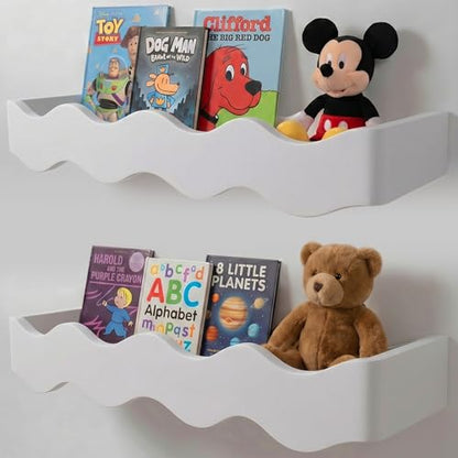 Ovalo Nursery Book Shelves Set of 2 - Solid Pine Wood Nursery Bookshelf, Floating Nursery Shelves for Wall, Wall Bookshelf for Kids Room, No-Assembly Wall Mounted Baby Book Shelf. (White) - color: White