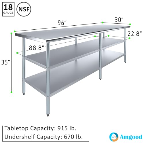 Stainless Steel Work Table with 2 Shelves | Metal Utility Table | Commercial & Residential NSF Utility (Stainless Steel Table with 2 Shelves, 96" Long x 30" Deep) - size: 96" Long x 30" Deep