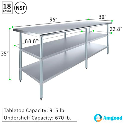 Stainless Steel Work Table with 2 Shelves | Metal Utility Table | Commercial & Residential NSF Utility (Stainless Steel Table with 2 Shelves, 96" Long x 30" Deep) - size: 96" Long x 30" Deep