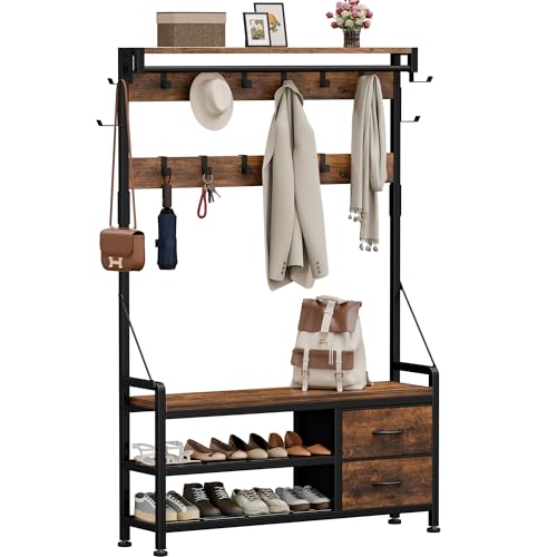 Lulive Coat Rack, 39.4” Hall Tree with Shoe Storage Bench, Rustic Brown | 5 in 1 Entryway Furniture Organizer, 21 Hooks, 2 Fabric Drawers, Handy Clothes Rail - color: Rustic Brown, size: 11.8"D x 39.4"W x 70.9"H