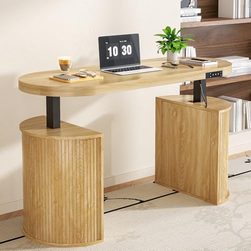 Mid Century Modern Electric Standing Desk with Storage, 55 x 22 Inch Small Sit Stand Up Desk, Wood Adjustable Height Computer Executive Desk for Home Office, Laptop, Oak - color: Wood