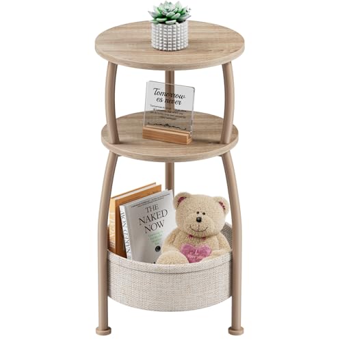 Small Side Table with Storage Basket, Space Saving Round End Table 3-Tier Bedside Corner Stand for Living Room, Bedroom, Garden and More 11.81in Light Oak - color: Light Oak, size: 11.81" Dia