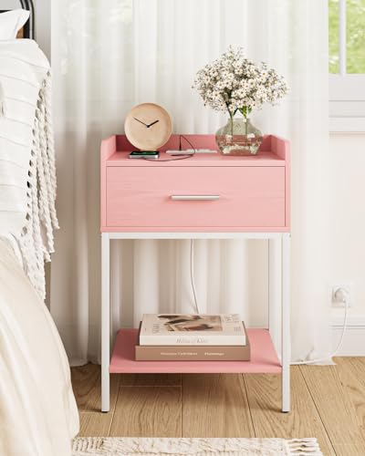 Nightstand with Charging Station,3-Tier Modern Bedside Table Night Stand with Storage Drawer and Open Shelf,Small End Side Table for Bedroom,Living Room,Pink - color: Pink With Charging Station