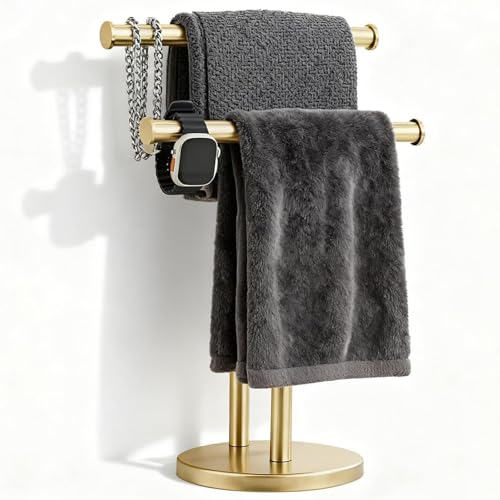 Hand Towel Holder, NEWRAIN Double Countertop Hand Towel Holder Stand, Stainless Steel Free Standing Hand Towel Rack with Heavy Base, for Bathroom Kitchen & Counter top, Brushed Gold - color: Brushed Gold, style: 2-Tier