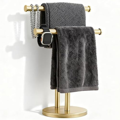 Hand Towel Holder, NEWRAIN Double Countertop Hand Towel Holder Stand, Stainless Steel Free Standing Hand Towel Rack with Heavy Base, for Bathroom Kitchen & Counter top, Brushed Gold - color: Brushed Gold, style: 2-Tier