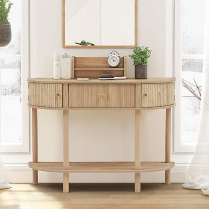 XUZENEST 43.3“ Fluted Half Moon Console Table, Modern Entryway Console Sofa Table with Storage, Narrow Wood Accent Tables Behind Couch Tables for Living Room, Hallway, Foyer(Natural) - color: 43.3 Half Moon Natural