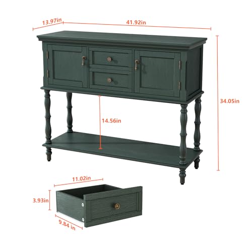 ARTPOWER Console Table with 2 Drawers, Retro Entryway Table with 2 Door Cabinets and Open Storage Shelf, Narrow Long Behind Couch Sofa Table for Living Room, Foyer, Hallway, Green - color: Green