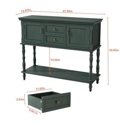 ARTPOWER Console Table with 2 Drawers, Retro Entryway Table with 2 Door | Solid Wood Veneer Entry Table, Behind Couch Sofa Table with Open Storage Shelf for Living Room, Foyer, Hallway - color: Green