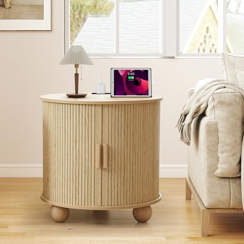 24" End Table with Charging, Night Stand Side Table with Storage | Natural Wood End Table, Round Fluted Wood Night Stand, Mid-Century Side Table with Sliding Door for Living Room Bedroom - color: Natural, size: 24"-Round