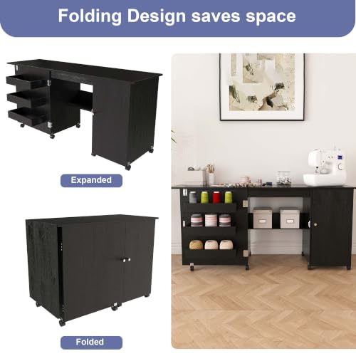 HRVEOCEI 4-in-1 Folding Sewing Table with Storage, Sewing Desk Foldable with Lockable Wheels & Power Socket, Sewings Machine Cabinet & Craft Desk with Shelves, Compact Design (Black, 57 Inch) - color: Black, size: 57 Inch