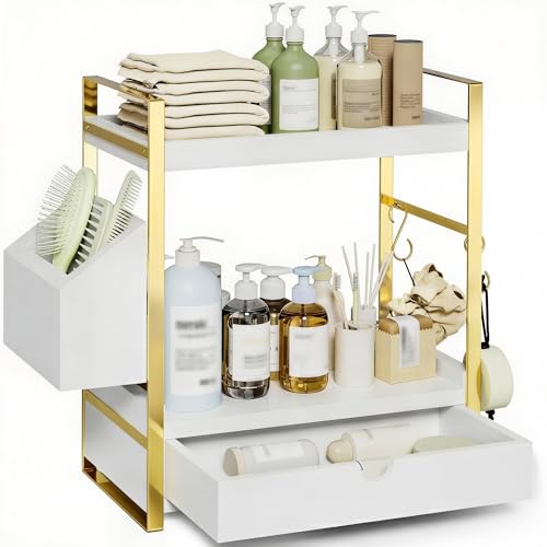 2-Tier Bathroom Counter Organizer, Wooden Vanity Shelf with Drawer & Basket | Pre-Drilled Holes, Skincare & Makeup Countertop Organizer and storage, White-gold - color: White-gold