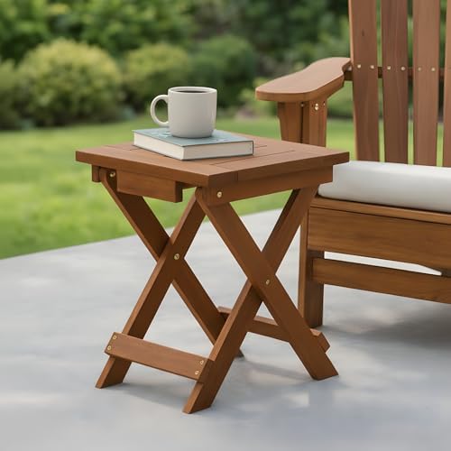 Furinno TIOMAN Folding Outdoor Side Table, Wooden Patio End Table for Garden, Porch, Balcony, Teak Oil, Light Wood - size: 13.7"D x 14.1"W