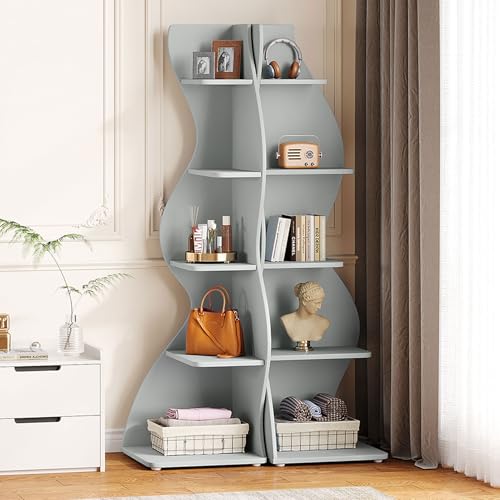 Tribesigns Wavy Corner Shelf Set of 2, Modern 5-Tier Bookshelf Etagere Bookcase with Curvy Shape, Unique Plant Stand Display Shelf for Living Room Small Space (Blue) - color: Blue